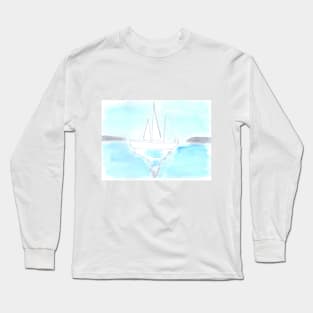 Yacht, sea, ocean, sports, nature, landscape, seascape, summer, vacation, watercolor, watercolour, hand drawn, drawing, illustration, Long Sleeve T-Shirt